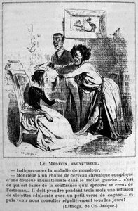 Charlatanismus: Satire über die Konsultation von Hypnose-Magnetisierern zur Behandlung von Krankheiten. Aus einer Lithografie von Jacque. 19. Jahrhundert