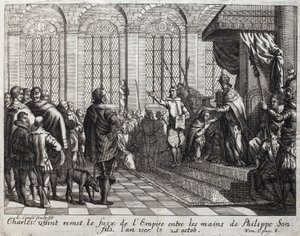 Karl V. (1500-1558) übergibt das Reich an Philipp II. (Felipe) (1527-1598), seinen Sohn, am 25. Oktober