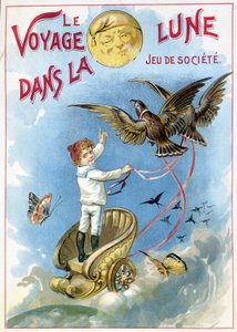 Kind in einem von Vögeln gezogenen Wagen zum Mond gebracht: Die Reise zum Mond - Spielschachtel, 19. Jahrhundert von Unknown artist
