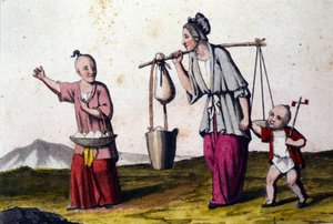China. Eine Frau trägt Wasser, begleitet von zwei Kindern, das größere trägt einen Korb mit Reis. Drucke aus dem 19. Jahrhundert