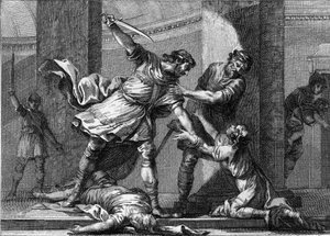 Chlothar I. (ca. 497-561) und Childebert I., die fränkischen Könige, ermordeten zwei Söhne ihres Bruders Chlodomer (495-524). Gravur aus dem 18. Jahrhundert