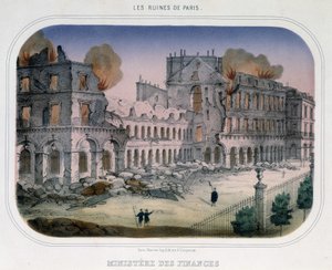 Kommune von Paris: Brand im Finanzministerium (zur Zeit der Tuilerien) am 24. Mai 1871. Gravur des 19. Jahrhunderts