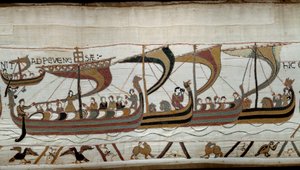 Eroberung Englands durch den normannischen Herzog Wilhelm den Eroberer (1027-1087) im Jahr 1066: Die normannische Flotte nähert sich der englischen Küste bei Pevensey (Detail)