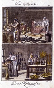 Handwerk: Kupferschmied und Kesselschmied in ihren Werkstätten. In „Umfassende Beschreibung der Künste und Handwerke und Werkstätten für junge Leute“ von Johan Peter Vue. Ed. Nürnberg, Weigel und Schneider