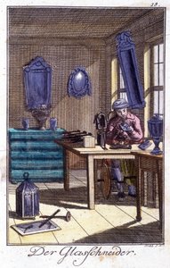 Handwerk: der Kristallmacher in seiner Werkstatt. In „Umfassende Beschreibung der Künste und Handwerke und Werkstätten für junge Leute“ von Johan Peter Vue. Ed. Nürnberg, Weigel und Schneider von Unknown artist