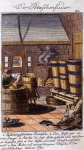 Handwerk: der Saliner, der Pottasche in seiner Werkstatt bearbeitet. In „Umfassende Beschreibung der Künste und Handwerke und Werkstätten für junge Leute“ von Johan Peter Vue. Hrsg. Nürnberg, Weigel und Schneider von Unknown artist