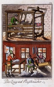 Handwerk: Weber in seiner Werkstatt. In „Umfassende Beschreibung der Künste und Handwerke und Werkstätten für junge Leute“ von Johan Peter Vue. Hrsg. Nürnberg, Weigel und Schneider