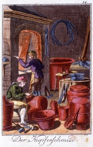 Handwerk: der Kesselschmied in seiner Werkstatt. In „Umfassende Beschreibung der Künste und Handwerke und Werkstätten für junge Leute“ von Johan Peter Vue. Ed. Nürnberg, Weigel und Schneider