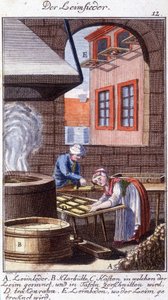 Handwerk: der Leimhersteller in seiner Werkstatt. In „Umfassende Beschreibung der Künste und Handwerke und Werkstätten für junge Leute“ von Johan Peter Vue. Ed. Nürnberg, Weigel und Schneider