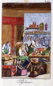 Handwerk: der Taschenmacher und der Jagdtaschenmacher in ihrer Werkstatt. In „Umfassende Beschreibung der Künste und Handwerke und Werkstätten für junge Leute“ von Johan Peter Vue. Ed. Nürnberg, Weigel und Schneider