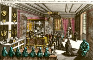 Tod von König Ludwig XIV.: die Totenstube von Ludwig XIV. (1638-1715), bekannt als Sonnenkönig, verstorben in Versailles am 1.09.1715. Gravur des 18. Jahrhunderts, Privatbesitz von Unknown artist
