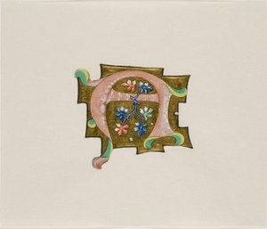 Dekorierter Initialbuchstabe "A" in Pink mit sechs Blättern und zwei Kugeln, aus einem Chorbuch