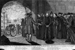 Deportation der Jesuiten am 21.07.1773: Vertreibung der Jesuiten aus den Staaten des Königs von Spanien, Neapel und dem Herzogtum Parma, ihre Orden in Frankreich und Portugal verboten. Gravur aus dem frühen 19. Jahrhundert von Unknown artist