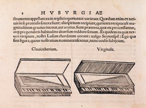 Beschreibung von Cembalo und Spinett. Seite aus Musurgia seu praxis musicae