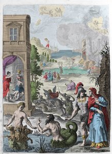 Verschiedene Metamorphosen, im Vordergrund Scylla und der Meeresgott Glaukos, der in sie verliebt ist, im Hintergrund der gehängte Iphis, abgelehnt von Anaxarete. Illustration aus Buch XIV der „Metamorphosen“ (Metamorfosi) von Ovid (43 v. Chr.-17 n. Chr.).