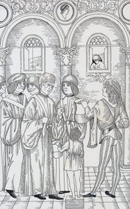Arzt untersucht Urin des Patienten, Holzschnitt von Unknown artist