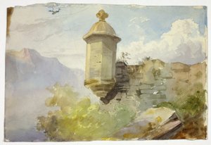Kuppelartiger Aussichtspunkt auf Mauer in Berglandschaft (recto); Figuren überqueren Brücke vor Berg (verso) von Unknown artist