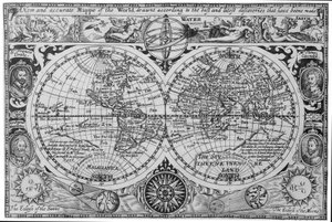 Frühe Weltkarte des 17. Jahrhunderts, nach Mercator, mit Porträts von Entdeckern (Drake, Magellan, Thomas Cavendish und Oliver van der Nort), den Elementen und Finsternissen