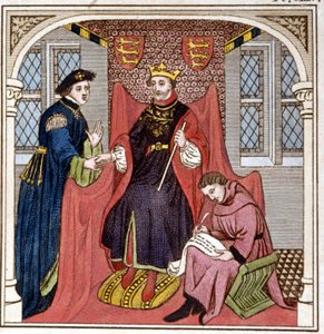 Eduard III. (1312 - 1377) empfängt Graf Guy von Flandern. Gravur aus dem späten 18. Jahrhundert. Bibl. di Brera, Mailand