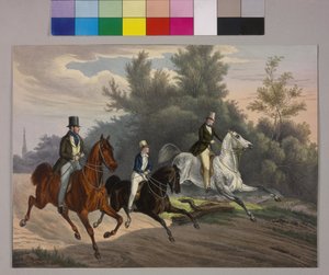 Kaiser Franz Joseph reitet mit zwei Begleitern durch den Prater