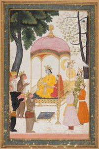 Der thronende Rama und Sita empfangen Huldigung von ihren Affen- und Bärenverbündeten