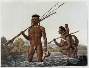 Familie der Botocudos-Indianer kehrt von der Jagd zurück und überquert den Fluss Rio Grande nach Belmonte in Paraguay. In „Das alte und moderne Kostüm“ 1818-1820, von Ferrario