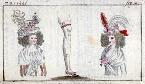 Mode des 18. Jahrhunderts: Frisur und Strumpfband der Frauen um 1788 von Unknown artist