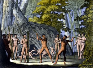 Kampf zwischen Botocudos, Indianer Brasiliens - in „The old and modern costume“ von Ferrario, ed. Mailand von Unknown artist