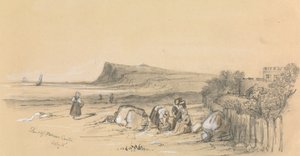 Figuren am Strand mit Walmer Castle in der Ferne von Unknown artist