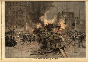 Brand von Omnibussen und Straßenbahnen in Paris: Eine brutal unterdrückte Studentendemonstration eskaliert zu einem allgemeinen Aufstand. Gravur in „Le petit journal“ 22/07/1893. Sammlung Selva