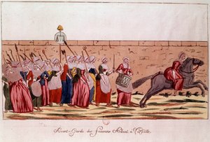 Französische Revolution von 1789: Avantgarde der Frauen auf dem Weg nach Versailles am 5. Oktober 1789 (Gravur) von Unknown artist