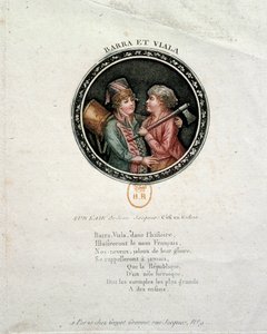 Französische Revolution: Darstellung von Barra und Viala. Joseph Agricol Viala (1780-1793) und Joseph Bara (1780-1793), Heldenkinder der Französischen Revolution, die jeweils in Marseille und in der Vendée für die Republik kämpften. Gravur aus dem 18. Jahr von Unknown artist
