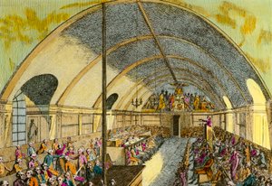 Französische Revolution: Darstellung einer Sitzung der politischen Gesellschaft „Societe des amis de la Constitution“ oder Club der Jakobiner, gegründet in Versailles im Jahr 1789 und in Paris im Oktober 1789 im Kloster der Jakobiner dargestellt. Gravur de