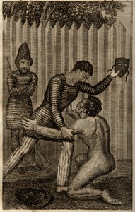 Freitag wird in die Arme von Robinson Crusoe geworfen, Gravur eingefügt in „Les aventures de Robinson Crusoe“ von Daniel Defoe