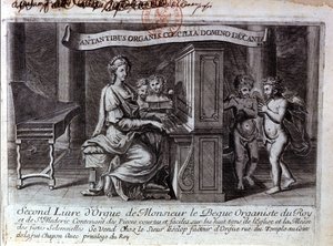 Frontispiz des zweiten Orgelbuchs von Herrn Nicolas Lebègue. Französischer Komponist 1631 bis 1702. Organist im Dienst von Ludwig XIV. Paris BNF