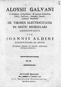 Frontispiz von „De Viribus Electricitatis in Motu Musculari Commentarius“. Eine Abhandlung über die Zirkulation von Elektrizität in den Muskeln von Tieren, von Luigi Galvani, italienischer Physiker