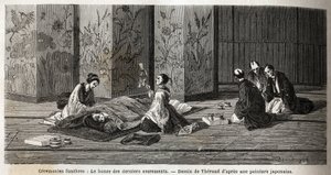 Beerdigungszeremonien: der Mönch der letzten Sakramente. Gravur zur Illustration der Reise nach Japan in den Jahren 1863-1864 von Aime Humbert, Minister der Schweizerischen Eidgenossenschaft, in „Le tour du monde, nouveau journal des voyages“, veröffentlic von Unknown artist