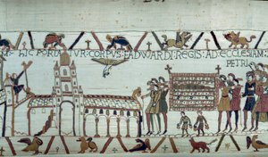 Beerdigung von König Eduard dem Bekenner von England, sein Körper wird zur Kirche von St. Peter gebracht Detail des Teppichs von Bayeux oder der Stickerei von Königin Mathilde