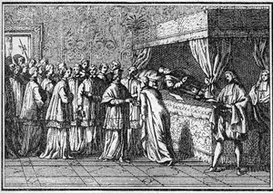 Begräbnis eines Papstes im 18. Jahrhundert: Anerkennung des Leichnams des verstorbenen Papstes. Gravur in „Geschichte der Religionen“ von Unknown artist
