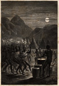 Beerdigungszeremonie bei den Lakutas (Stamm im Oberen Nilgebiet), Trommeln und rituelle Tänze im Mondlicht. Illustration der Reise zum Albertsee, 1861-1864, von Sir Samuel White Baker, in "Le tour du monde, nouveau journal des voyages" von Unknown artist