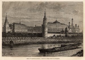 Gesamtansicht des Kremls, das geografische Zentrum von Moskau und das politische Zentrum Russlands, das im 14. Jahrhundert erbaute Viertel wurde im Laufe der historischen Ereignisse des Landes immer wieder erweitert und restauriert. Gravur zur Illustration von Unknown artist