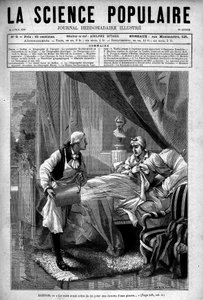 Georges Louis Leclerc Buffon in seinem Bett, das Tal wirft einen Eimer Eiswasser auf ihn. In „Popular Science“, 15. April