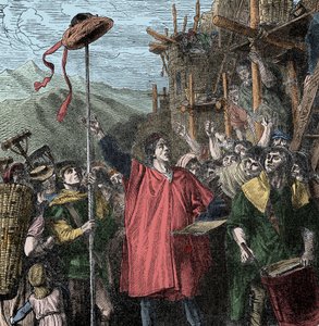 Gesslers Hut - Landvogt Hermann Gessler errichtet einen Pfosten in Altdorf und hängt seinen Hut daran, um die Einwohner zum Verbeugen zu zwingen. Wilhelm Tell