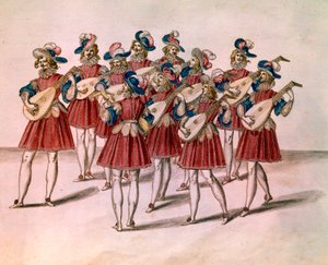 Gruppe von Musikern, die Laute spielen. Aquarell und Feder von Daniel Rabel (1578-1637) aus dem Album „Château de Bicêtre“