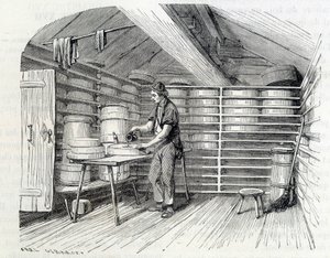 Gruyère-Käserei in einem Schweizer Chalet (Waschen der Rinde) - in „Die Wunder der Industrie“ von Louis Figuier von Unknown artist