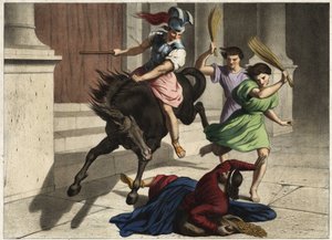 Heliodore (Heliodoros) wurde aus dem Tempel vertrieben: auf Befehl seines Herrschers versuchte er erfolglos, die Schätze des Tempels von Jerusalem zu ergreifen. Anonyme Gravur aus der Mitte des 19. Jahrhunderts.