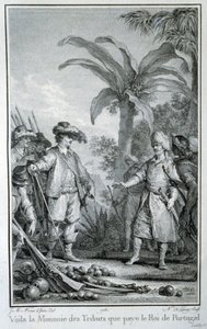 Hier ist die Währung der Tribute, die der König von Portugal zahlt: Handel der Portugiesen in den Kolonien - in „Histoire philosophique et politique des établissements et du commerce des européens dans les deux Indes“ von Guillaume Thomas Raynal, ed. Pelle von Unknown artist