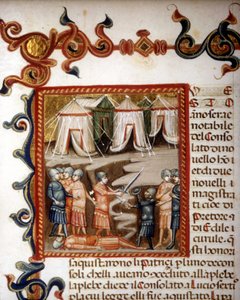 Historiae romanae decades (= Gruppen von 10 Büchern) (auf Französisch Geschichte Roms von seiner Gründung bis 292 v. Chr.) von Titus Livius (Titus Livius) oder Titus Livius auf Latein (-59 - 17). Miniatur, die die römische Eroberung darstellt. 14. Jahrhund