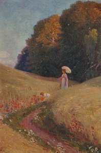 Historische Grußkarte nach einem Gemälde, Mutter und Tochter gehen in einer Blumenwiese