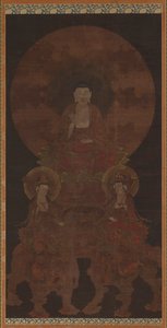 Historischer Buddha Shakyamuni mit den Bodhisattvas Fugen (Samantabhadra) und Monju (Manjushri)